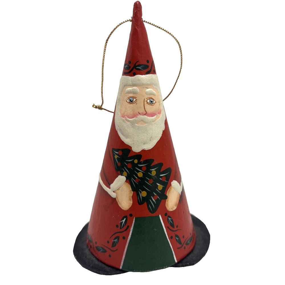 Vtg Hand Painted Santa w/Tree Cone Shaped Christmas Ornament 5.25"
